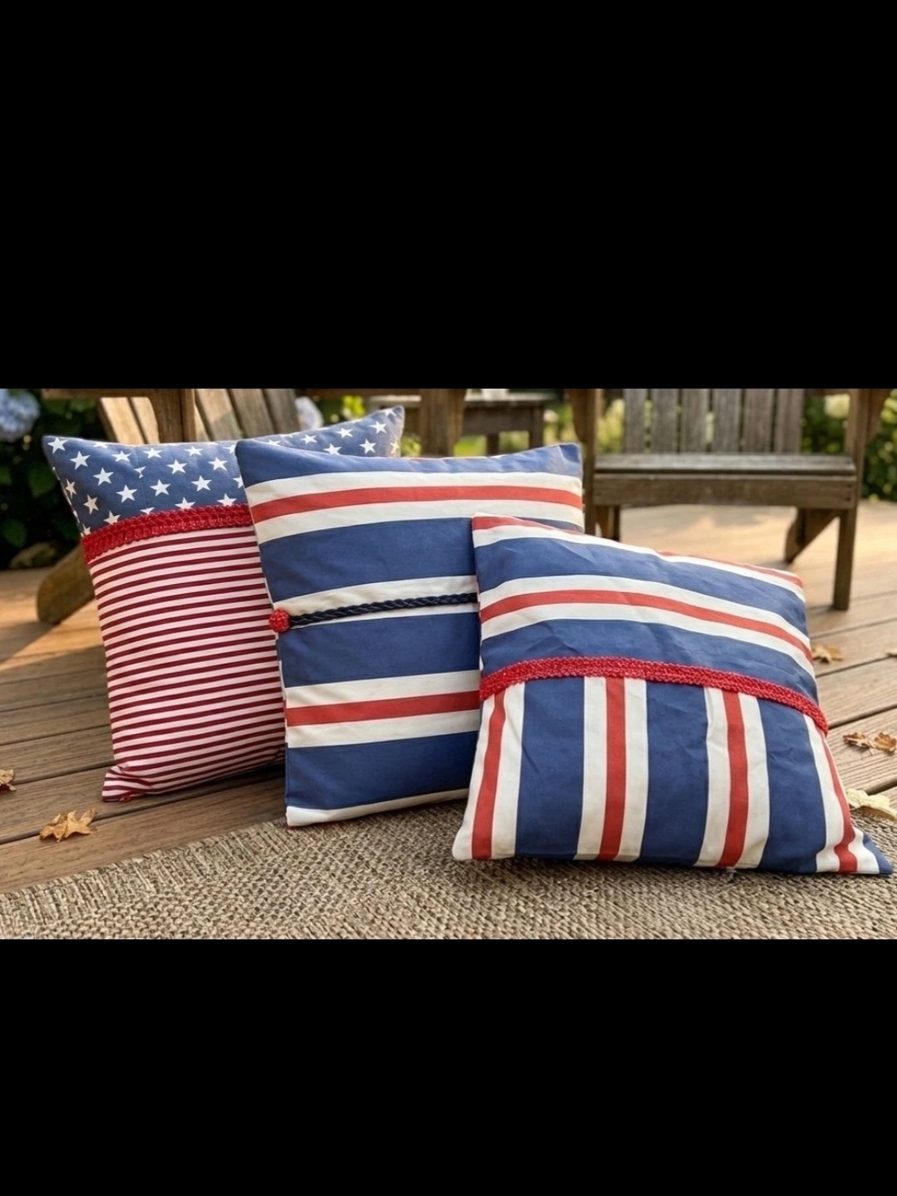 Set 3 Large Americana Outdoor Pillow COVERS 24" Stars Stripes Canvas Handmade